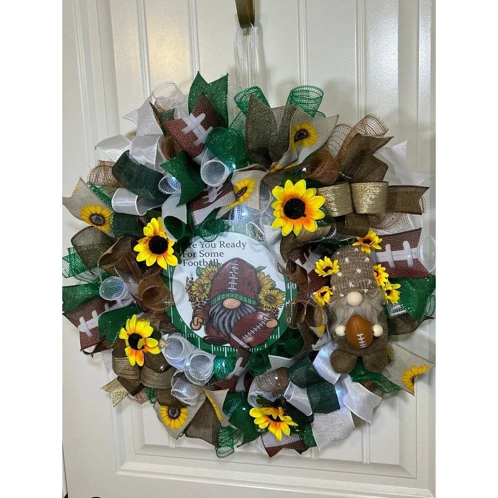 Handmade Football Gnome Ribbon Welcome Door Wreath Leaf 22 in LED Fall W4
